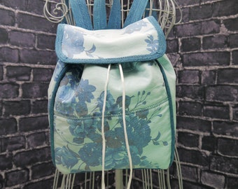 Backpack, Purse Backpack, Designer Purse Backpack, Upcycled Denim Backpack, Little Backpack, Denim Ruck Sack, Blue Floral Denim Backpack