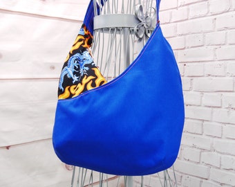 Dragons and flames Double Bag, Double Purse, Vintage Pattern Purse, Dragon purse, Electric Blue Hobo Bag, Dragons, Flames, Blue and Orange