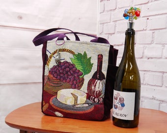 Tapestry Wine Carrier, Upcycled Placement Bag, Repurposed Tapestry Tote, Picnic Bag, Wine Tote, 6 Bottle Wine Bag, Gift Bag, Wine Gift Bag