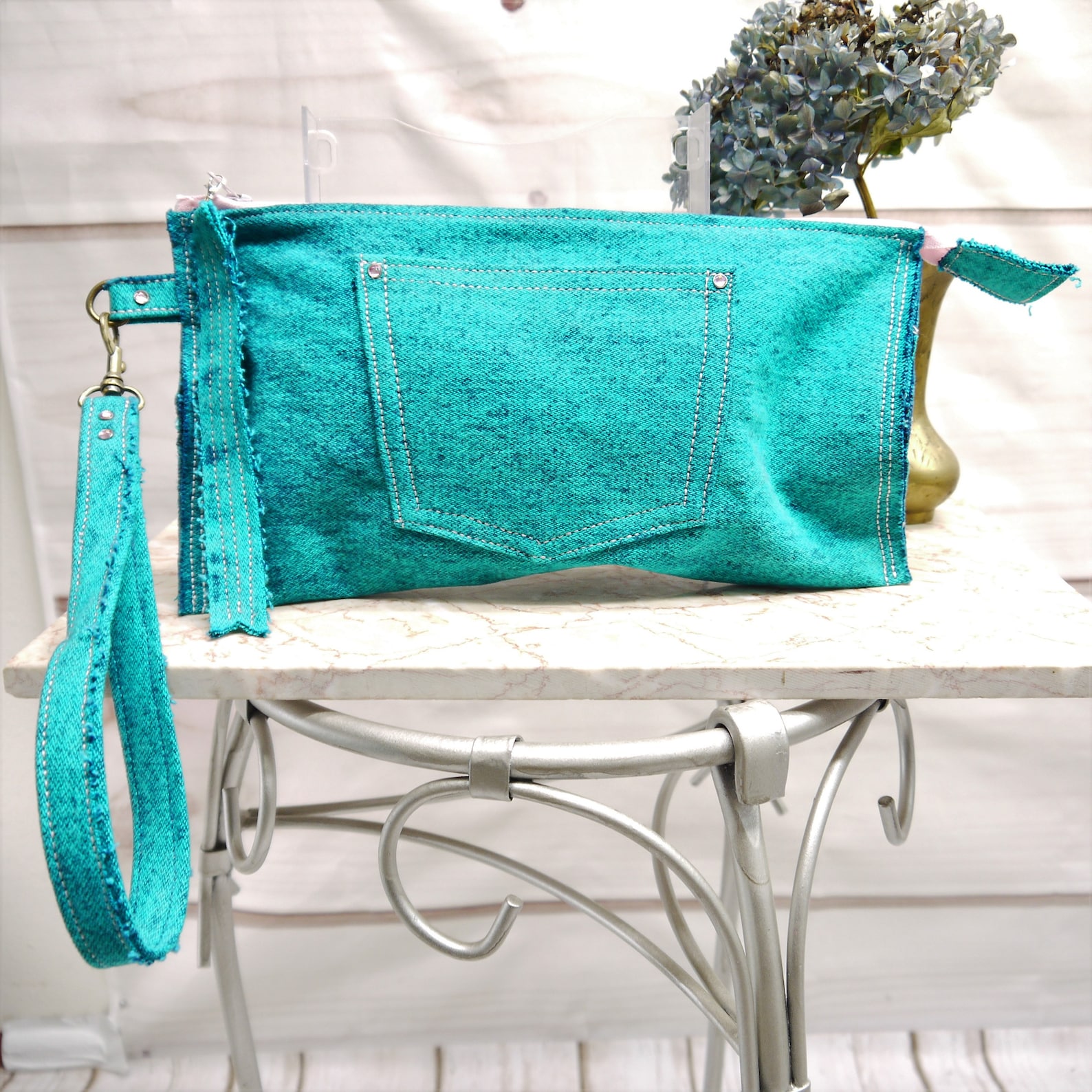 Denim Wristlet Denim Clutch Teal Denim Clutch Wristlet Etsy