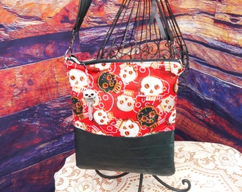 Cross Body Bag, Satchel, Shoulder Bag, Skulls, Skull Purse, Skull Shoulder Bag, Skulls and Leather, Upcycled Recycled Repurposed Bag Again