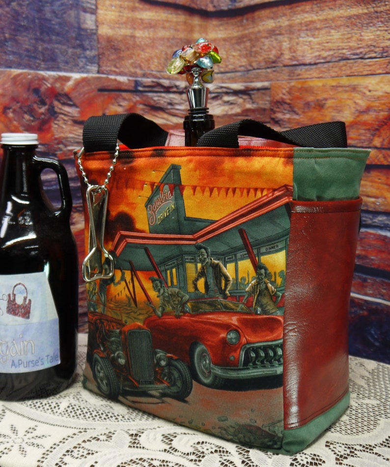 Zombie Drive In Beer Mead Growler Carrier, Wine Bag, Craft Beer, Beverage Holder, Six Pack Carrier, Upcycled Beer Bag Again, Zombies image 6