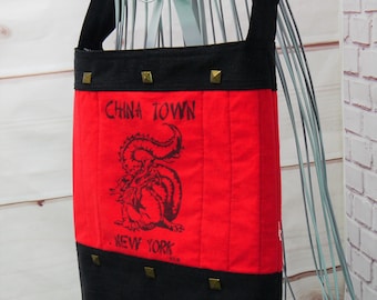 China Town New York Tote, Purse, Carry All, Shopping Tote, Upcycled, Recycled, Repurposed, Bag Again, New York T Shirt, Upcycled T Bag