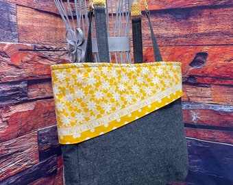 Purse, Shouler Purse, Tote, Work Bag, Yellow and Denim Shoulder tote, Large Purse, Denim Purse, Measuring Tape Fabric Purse, Bag Again, Tote