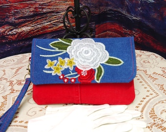 Denim Clutch, Clutch with card holder, Upcycled Denim Clutch, Foldover Clutch, Wristlet, Denim Wristlet, Floral Wristlet, Embroidered Clutch