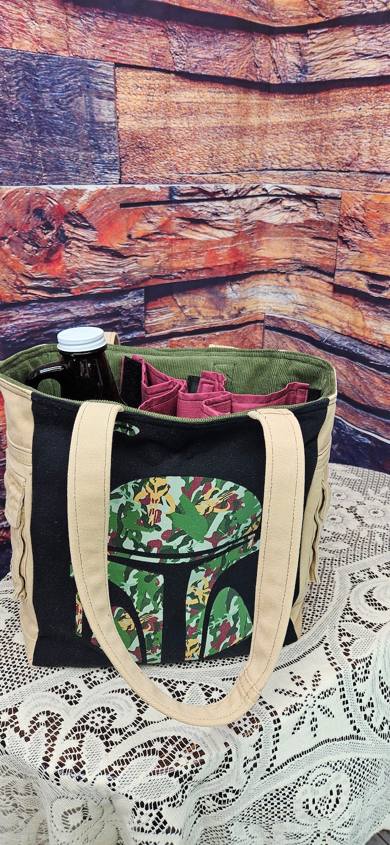 Boba Fett Upcycled Tee Shirt Tote, Beverage Holder, Six Pack Carrier, Craft Beer Growler Carrier, Bottle Carrier, Tote, Wine Bag, Shopping image 8