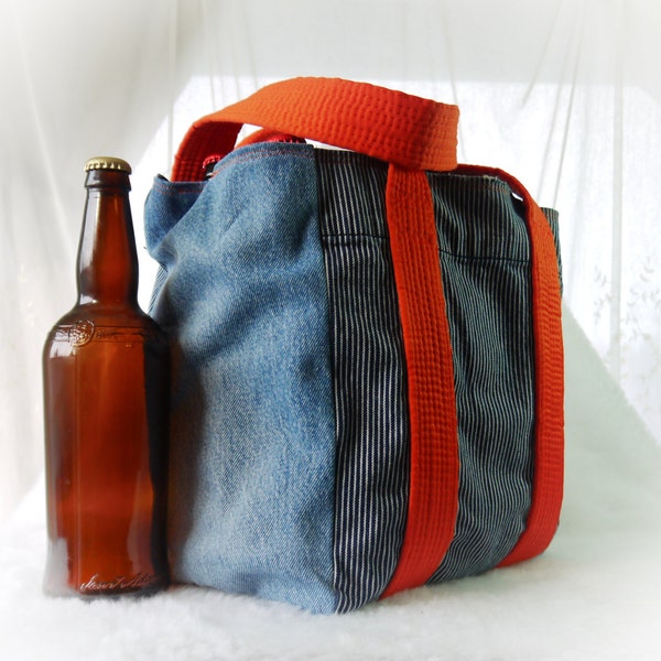 Six Pack Beer Carrier, Beverage Carrier, Wine Carrier, Cloth Beer Bag, UPCYCLED Recycled Repurposed Market Beverage Tote Bag Again