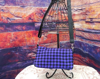 Foldover Houndstooth Purple Purse, Clutch, Upcycled, Recycled, Repurposed, Shoulder Purse, Leather and Wool Purse, Shoulder Bag, Cross Body