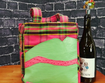 Pink and Green Leather Beer, Mead, Growler Carrier, Wine Bag, Beverage Holder, Shopping Tote, Upcycled Beer Bag Again, Tote, Bag Again