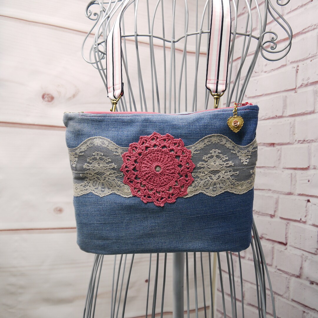 Denim Sling Bag, Upcycled Denim Jeans Sling Bag, Denim Purse, Denim and Lace Purse, Small Denim