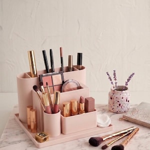 3D-geprinte make-up organizer, esthetische make-upborstelhouder, moderne cosmetica-opbergbak met meerdere vakken, minimalistisch cadeau voor op het bureau in de slaapkamer