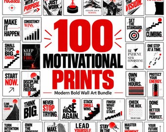 100 Motivational Wall Art Prints, Bold Typography Poster Bundle, Inspirational Office, Gym & Bedroom Decor, Discipline Quotes, Digital Art