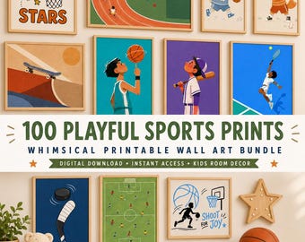 Little Athlete Gallery Wall: Boys Sports Nursery Prints, Eclectic Kids Room Decor, 100 PNG Digital Download