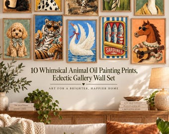 10 Whimsical Animal Oil Painting Prints, Eclectic Gallery Wall Set, Funny Animal Portraits, Vintage Inspired Wall Art, Digital Download