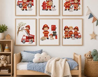 Firefighter Nursery Wall Art Set of 6, Kids Fire Truck Prints, Firefighter Room Decor, Boys Bedroom Wall Art, Fireman Printable, Room Decor