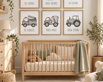 Set of 6 Vehicle Nursery Prints, Watercolor Construction & Transportation Wall Art (Digital Download)