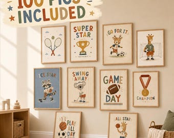 100 Sports Nursery Wall Art Prints, Kids Sports Poster Bundle, Boys Room Decor, Vintage Printable Set, Instant Digital Download
