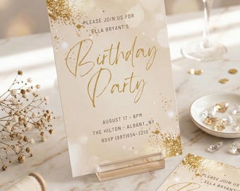 Elegant Gold Birthday Invitation, Champagne Glitter Party Invite, Beige Modern Template (Digital Download)