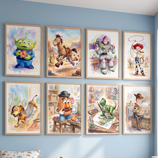 Toy Story Watercolor Printable Wall Art Set of 8 - Digital Download, Nursery Decor, Buzz Lightyear Jessie Bullseye Alien, Printable Posters