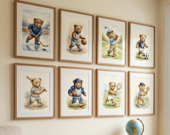 Watercolor Teddy Bear Sports Prints Set | Nursery Wall Art (Digital Download)