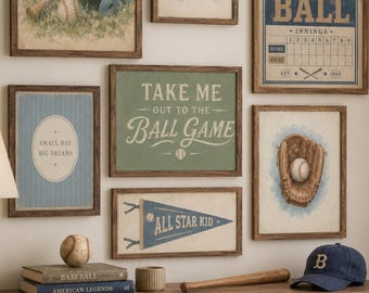 Vintage Baseball Wall Art Set of 10, Retro Boys Room Prints, Sports Nursery Decor, Neutral Watercolor Posters, Kids Bedroom Digital Download