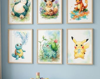 Set of 6 Pokemon Nursery Wall Art Prints, Kids Room Decor, Watercolor Pokémon Poster Set, Printable Baby Boy Gift (Digital Download)