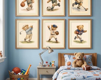 Set of 10 Watercolor Sports Teddy Bear Prints, Nursery Wall Art (Digital Download)