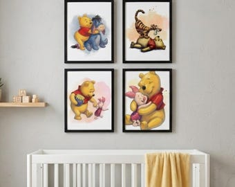 Winnie the Pooh Watercolor Prints, Set of 4 Nursery Wall Art (Digital Download)