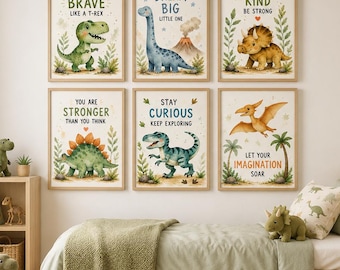 Dinosaur Nursery Wall Art Set of 6, Watercolor Dino Prints, Kids Room Decor, Inspirational A4 Printable Posters