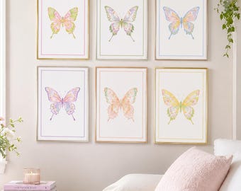 Set of 6 Pastel Butterfly Prints, Watercolor Butterfly Wall Art, Preppy Girls Room & College Dorm Decor, Printable Digital Download