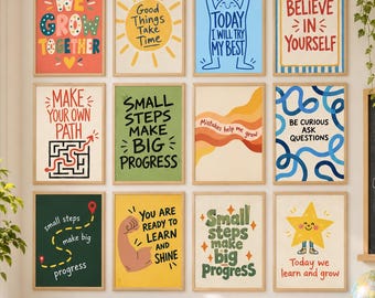 12 Inspirational Classroom Posters, Hand-Drawn Growth Mindset Printables & Positive Learning Wall Art