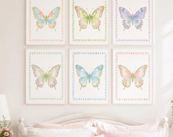 Pastel Butterfly Wall Art Set of 6, Preppy Watercolor Prints, Colorful Girls Room Decor, Whimsical Dorm Posters, Digital Download
