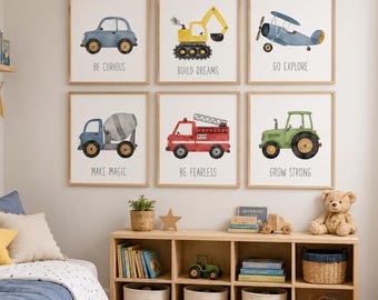 Set of 6 Watercolor Vehicle Prints, Boys Nursery Wall Art, Car Truck Tractor Airplane Decor, Kids Room Digital Download