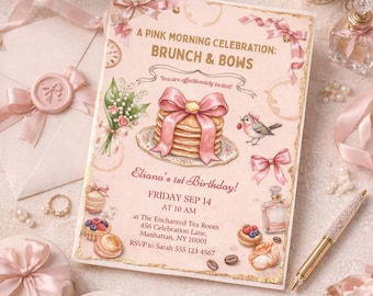 Pink Bow Brunch First Birthday Invitation, Elegant Floral Template (Digital Download)