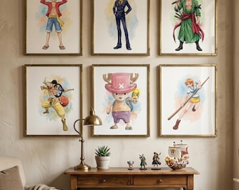 One Piece Watercolor Wall Art, Set of 6 Anime Prints Digital Download, Luffy Zoro Sanji Nami Chopper Usopp Printable Poster, Room Decor