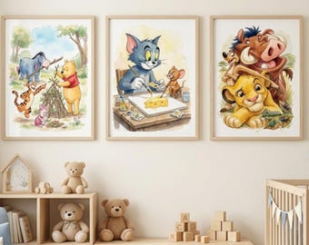 Set of 6 Cartoon Character Posters, Kids Room Wall Art, Playroom Decor, Colorful Printable Poster Set.
