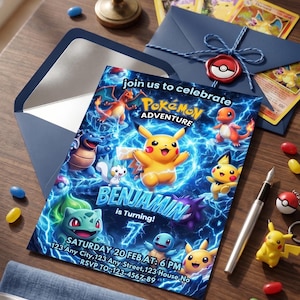 May include: A colorful Pokémon-themed birthday party invitation with the text "join us to celebrate Pokémon Adventure". The invitation features Pikachu and other Pokémon characters. Includes a blue envelope, Pokémon cards, and a Pikachu keychain.