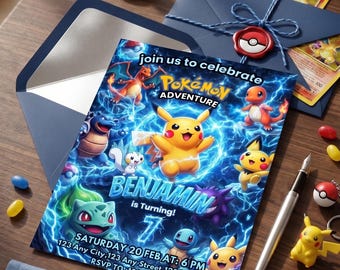 Editable Pokemon Birthday Invitation Template | Pikachu Lightning Theme | Canva Instant Download | Mobile & Print Sizes | Kids Party Invite