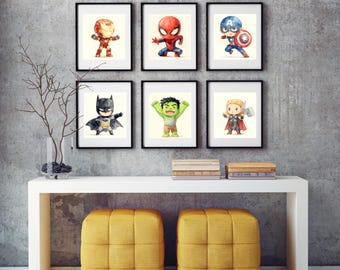 Superhero Watercolor Prints for Kids Room Wall Art, Set of 6 (Digital Download)
