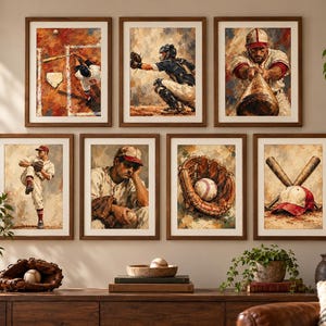 May include: A gallery wall set of seven framed baseball-themed art prints featuring players in action, a catcher, a batter, a resting player, a baseball in a glove, and crossed bats with a cap, all rendered in a painterly style.