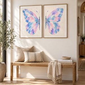 Set van 2 vlinder muurdecoraties, pastelroze, blauwpaarse prints, aquarel decoratie voor meisjeskamer, muurdecoratie voor de babykamer, digitale download