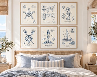 Coastal Blue Nautical Wall Art Set, Vintage Seaside Prints (Digital Download)
