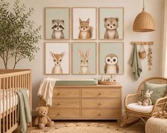Woodland Nursery Wall Art Set of 6, Cute Baby Forest Animals Prints, Green Nursery Decor, Bear Bunny Deer  Raccoon Squirrel Digital Download