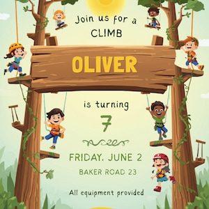 Könnte beinhalten: Eine Geburtstagseinladung mit Kletterthema. Die Einladung zeigt ein Holzschild mit dem Namen "OLIVER" und dem Text "Join us for a CLIMB". Die Einladung enthält auch den Text "is turning 7".