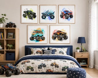 Monster Truck Wall Art Set of 10, Watercolor Truck Prints, Boys Room Decor, Printable Nursery Art, Kids Vehicle Wall Decor, Digital Download