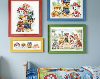Paw Patrol Watercolor Prints Set of 4, Paw Patrol Nursery Decor, Digital Download, Adventure Bay Poster, Kids Room Wall Art, Printable A4
