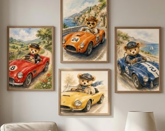 Teddy Bear Racing Car Watercolor Prints, Vintage Kids Room Decor (Digital Download)