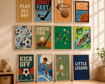 Set of 100 Sports Wall Art, Basketball Football Soccer Baseball Skate Swimming Volleyball Tennis Prints, Sports Room Decor, Instant Download