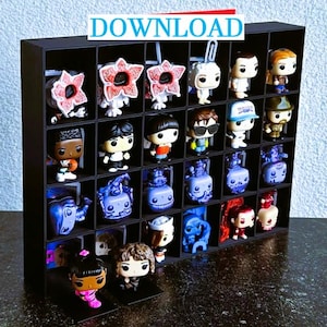 May include: A black display shelf with multiple compartments, filled with various character figurines. The figurines are of different sizes and colors, with some featuring floral and monster-like designs. The word "DOWNLOAD" is at the top.