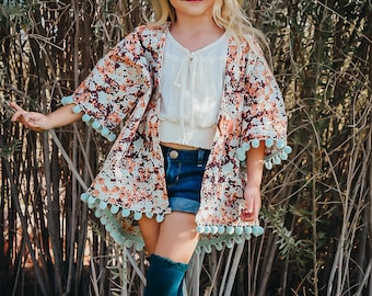 Boho Kimono, Toddler Kimono, Girls Kimono, Open Kimono, Gypsy Kimono, Bohemian Style Kimono, Toddler Clothing, Girl Clothing, Pom Pom Kimono